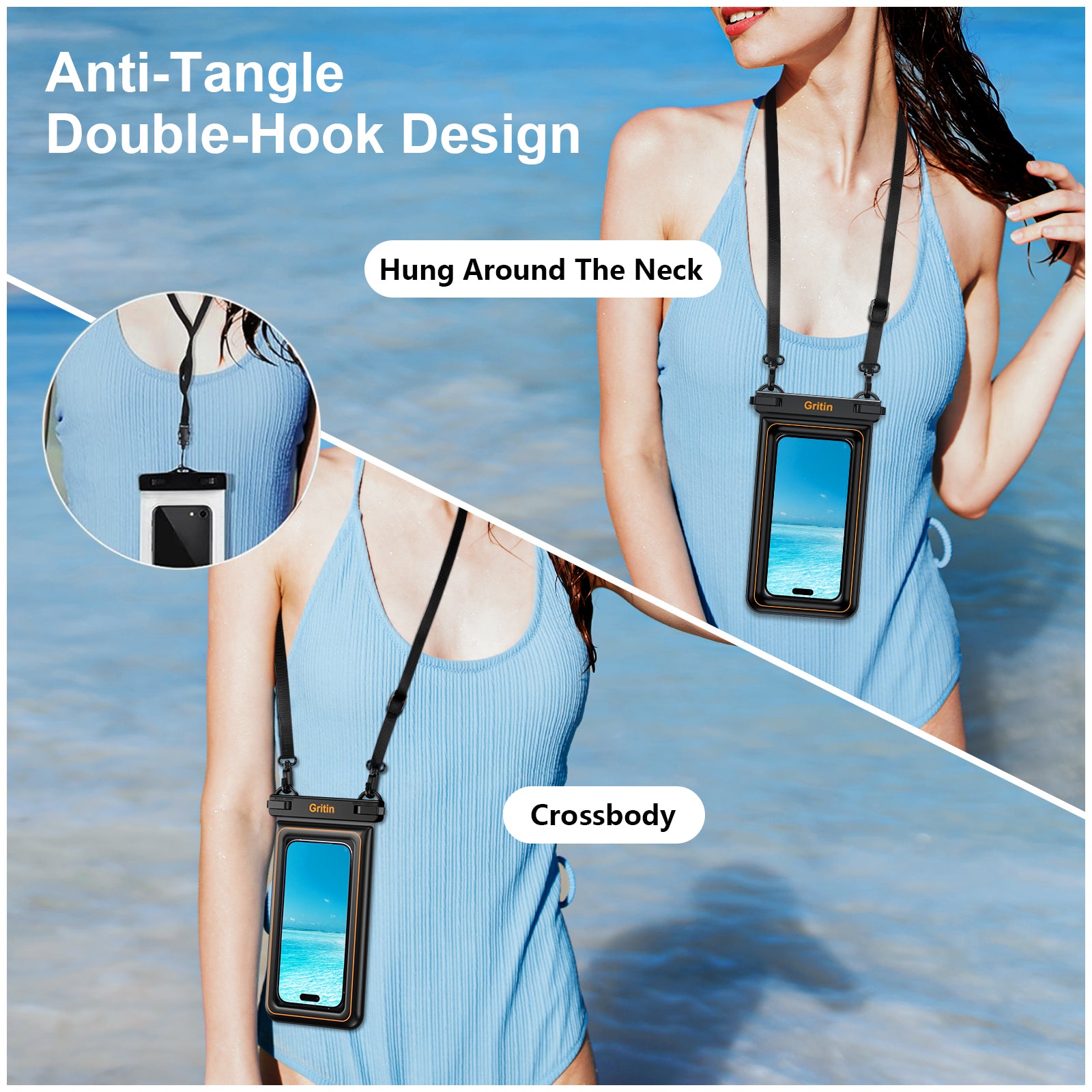 Gritin Waterproof Phone Pouch, IP68 Floating Waterproof Phone Case Bag for Swimming, Adjustable Lanyard Underwater Phone Dry Bag for iPhone 15 14 13,Galaxy S24 S23 and Other Phones up to 7.2" Black