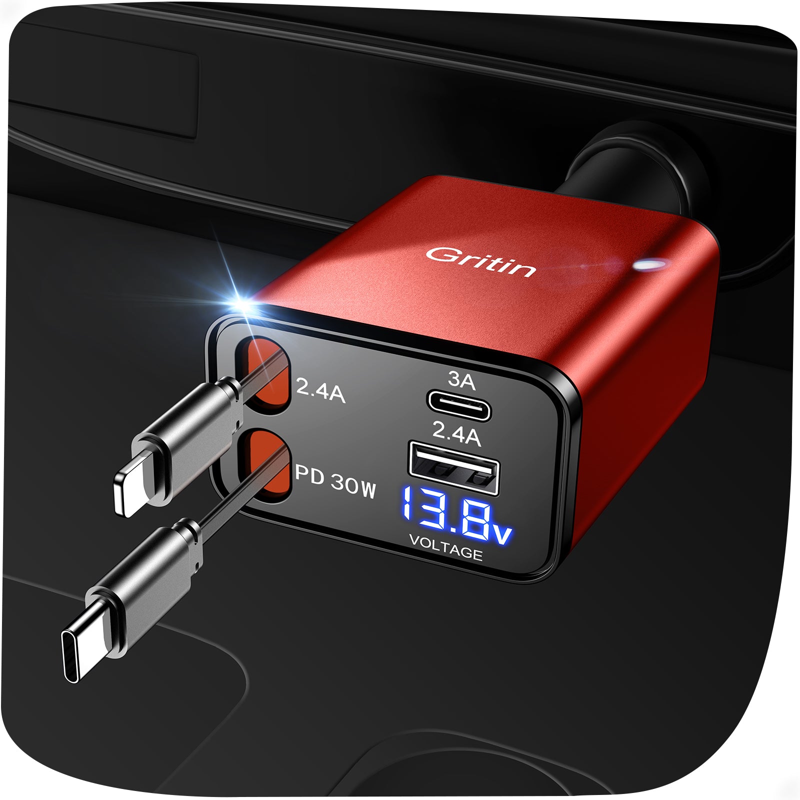 Gritin Retractable Car Charger, 69W Super Fast 4 in 1 USB C Car Charger Adapter with Smart Device-Adaptive Charging Technology&Instant Current Display,Accessories for Phone 16 15,iPad,Android etc