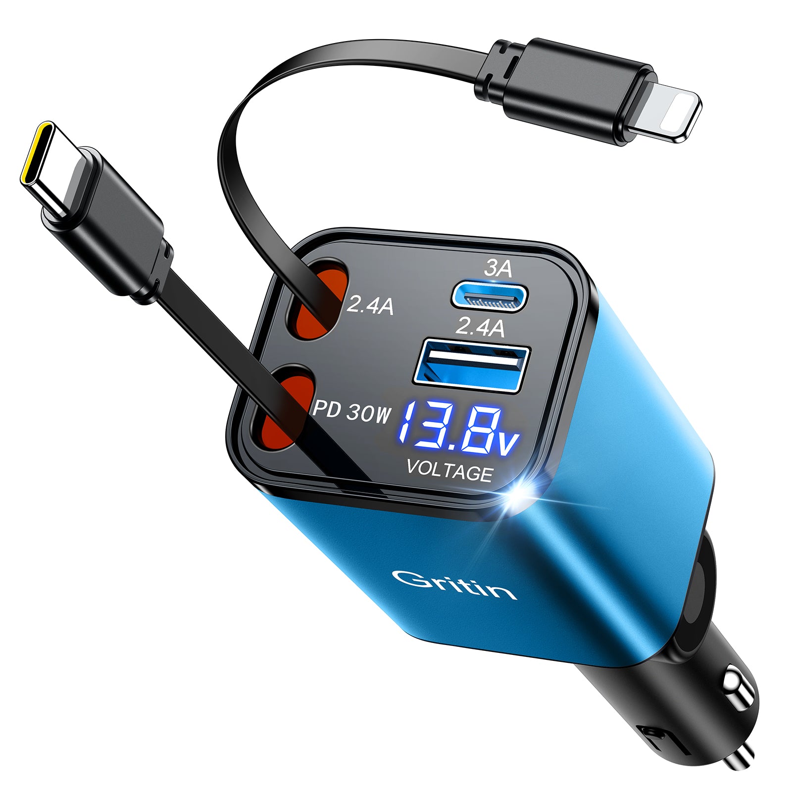 Gritin Retractable Car Charger, 69W Super Fast 4 in 1 USB C Car Charger Adapter with Smart Device-Adaptive Charging Technology&Instant Current Display,Accessories for Phone 16 15,iPad,Android etc