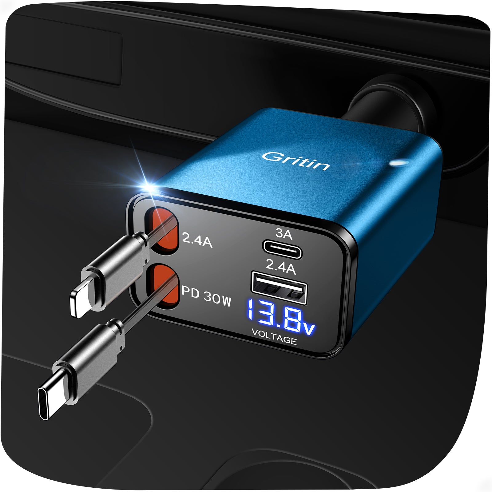 Gritin Retractable Car Charger, 69W Super Fast 4 in 1 USB C Car Charger Adapter with Smart Device-Adaptive Charging Technology&Instant Current Display,Accessories for Phone 16 15,iPad,Android etc