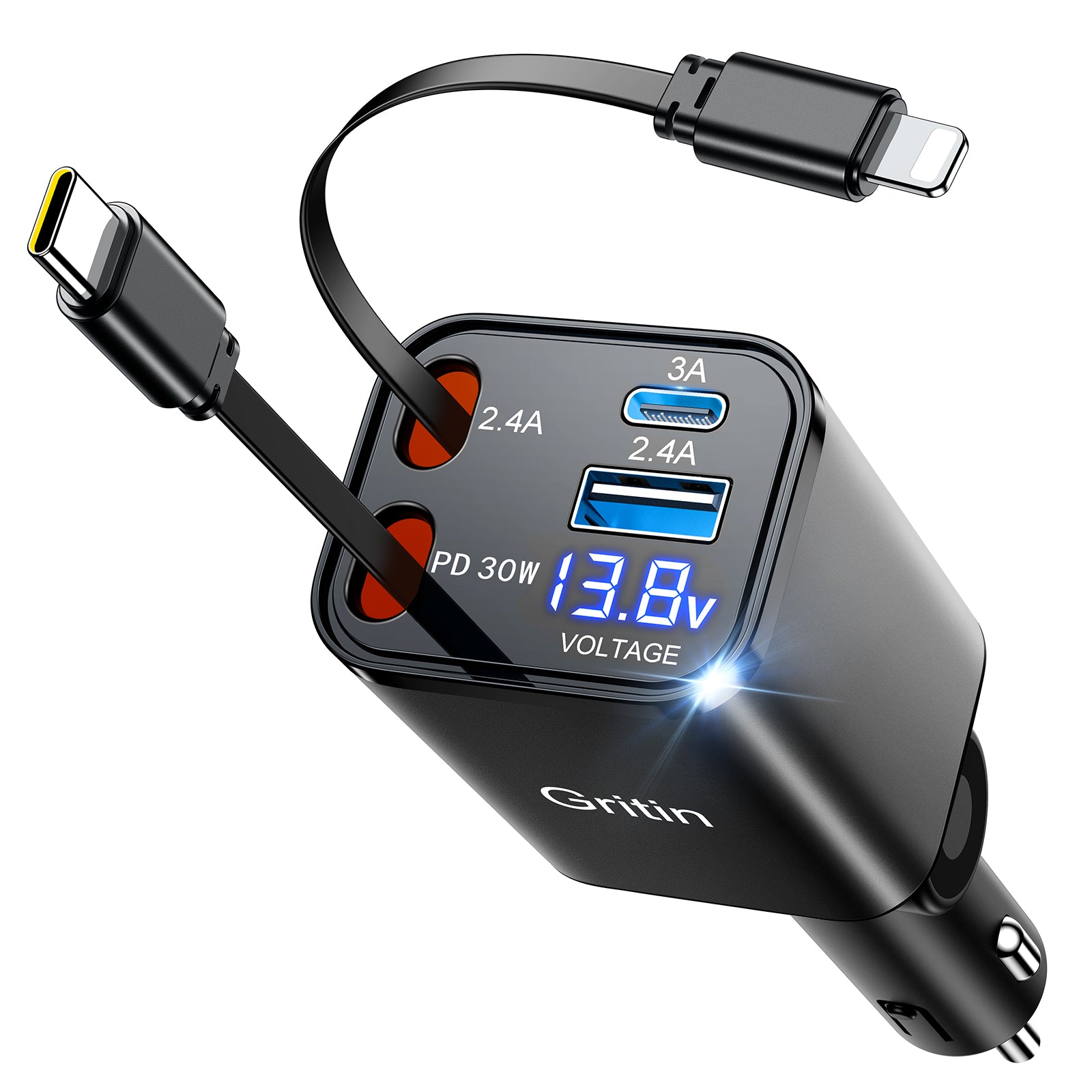 Gritin Retractable Car Charger, 69W Super Fast 4 in 1 USB C Car Charger Adapter with Smart Device-Adaptive Charging Technology&Instant Current Display,Accessories for Phone 16 15,iPad,Android etc