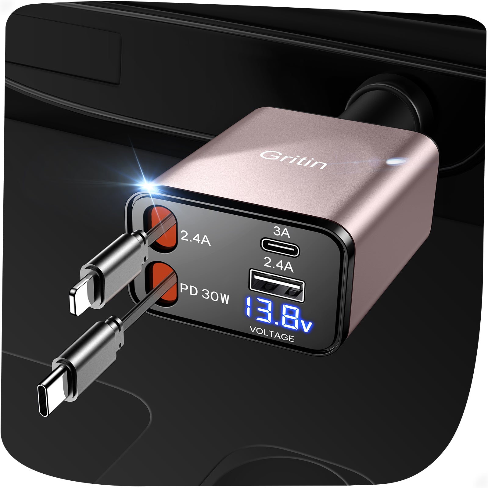 Gritin Retractable Car Charger, 69W Super Fast 4 in 1 USB C Car Charger Adapter with Smart Device-Adaptive Charging Technology&Instant Current Display,Accessories for Phone 16 15,iPad,Android etc