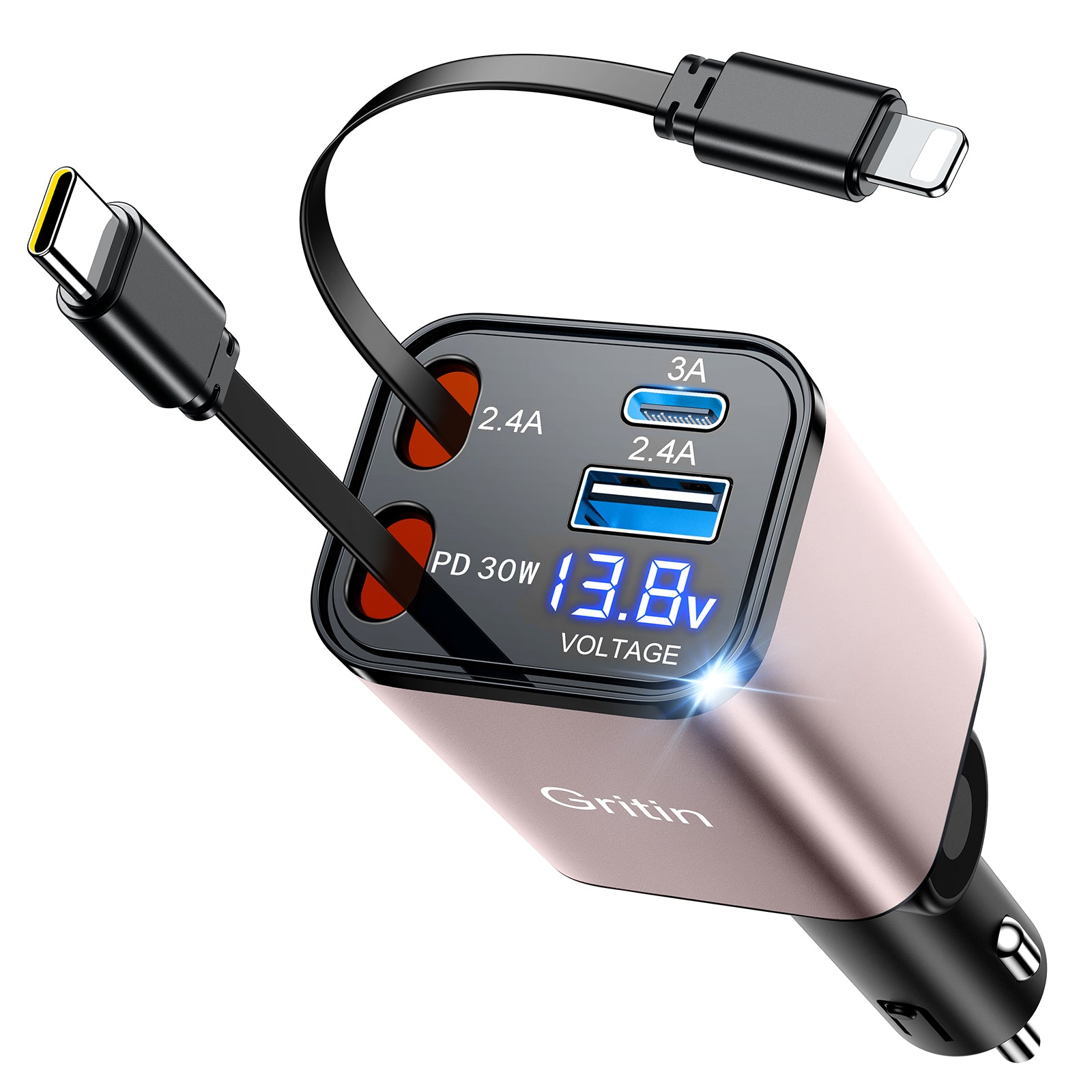 Gritin Retractable Car Charger, 69W Super Fast 4 in 1 USB C Car Charger Adapter with Smart Device-Adaptive Charging Technology&Instant Current Display,Accessories for Phone 16 15,iPad,Android etc