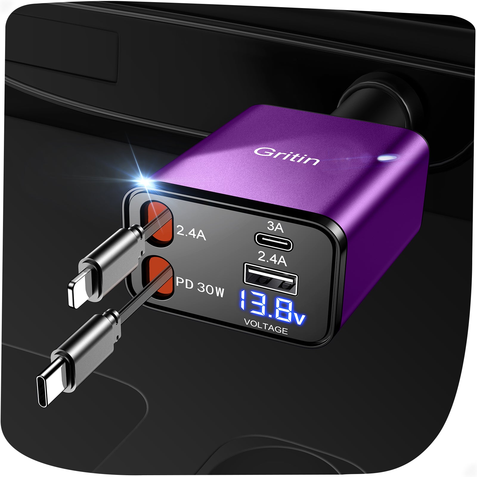 Gritin Retractable Car Charger, 69W Super Fast 4 in 1 USB C Car Charger Adapter with Smart Device-Adaptive Charging Technology&Instant Current Display,Accessories for Phone 16 15,iPad,Android etc