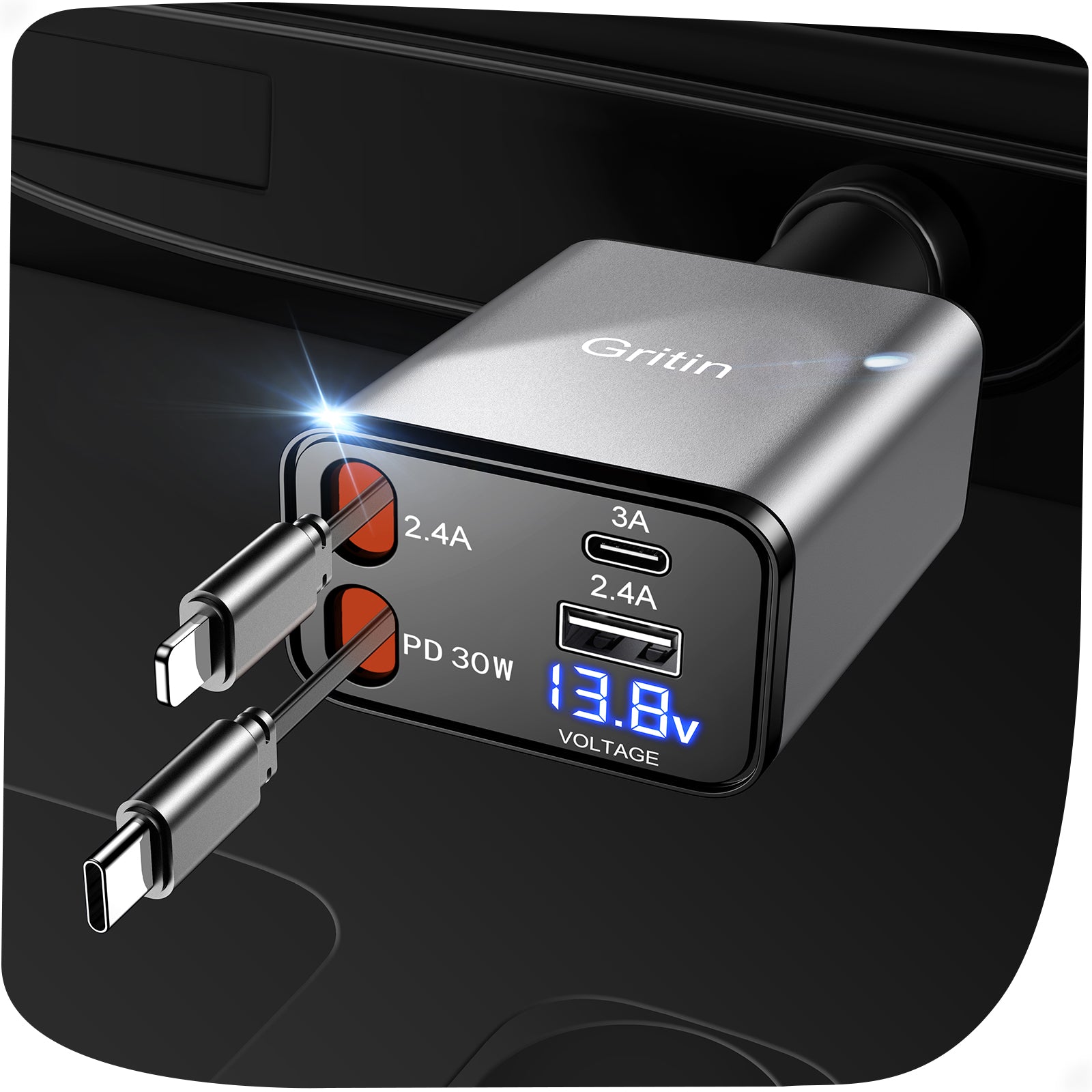 Gritin Retractable Car Charger, 69W Super Fast 4 in 1 USB C Car Charger Adapter with Smart Device-Adaptive Charging Technology&Instant Current Display,Accessories for Phone 16 15,iPad,Android etc