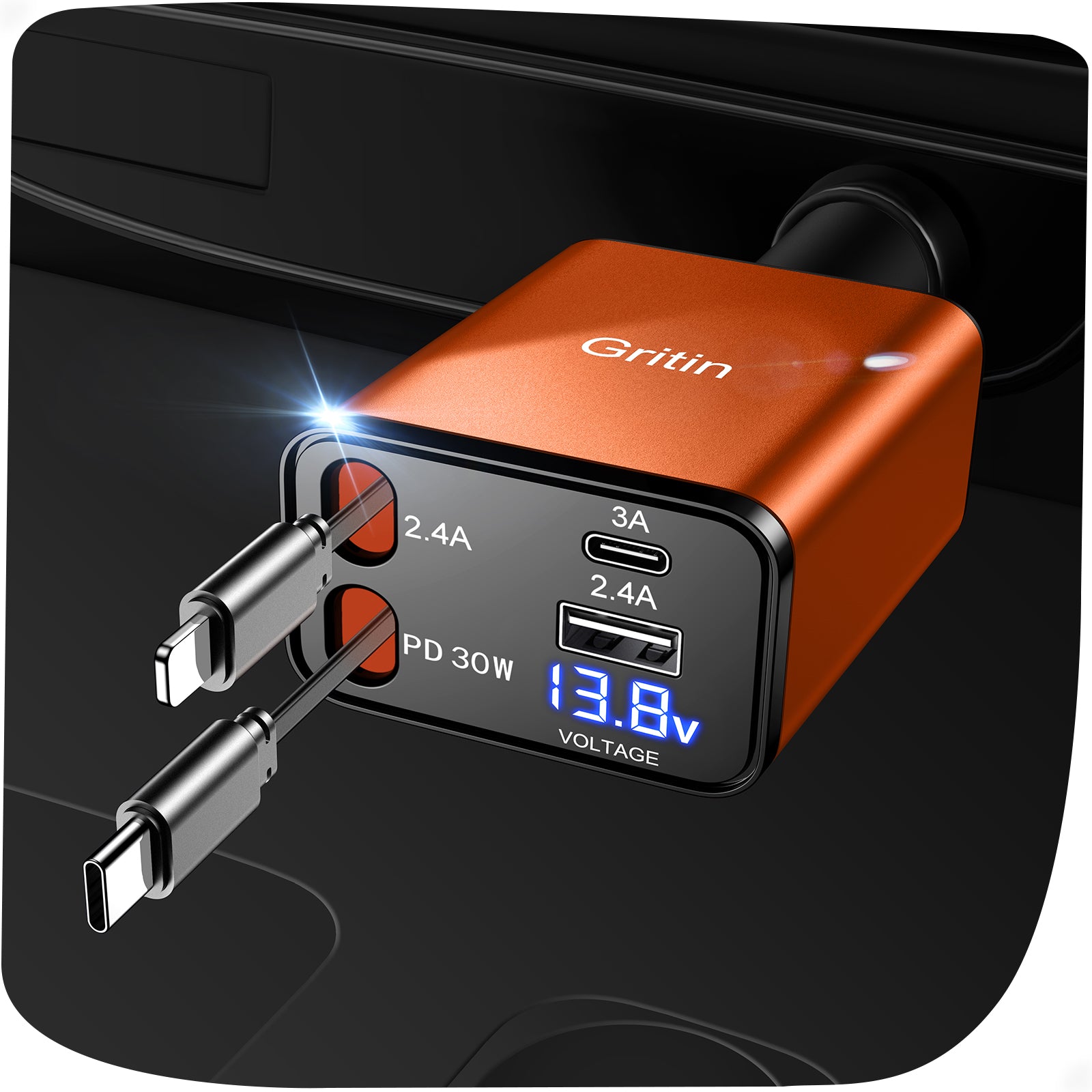 Gritin Retractable Car Charger, 69W Super Fast 4 in 1 USB C Car Charger Adapter with Smart Device-Adaptive Charging Technology&Instant Current Display,Accessories for Phone 16 15,iPad,Android etc