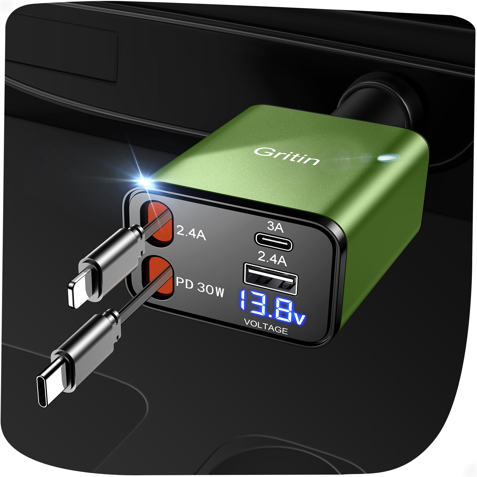 Gritin Retractable Car Charger, 69W Super Fast 4 in 1 USB C Car Charger Adapter with Smart Device-Adaptive Charging Technology&Instant Current Display,Accessories for Phone 16 15,iPad,Android etc