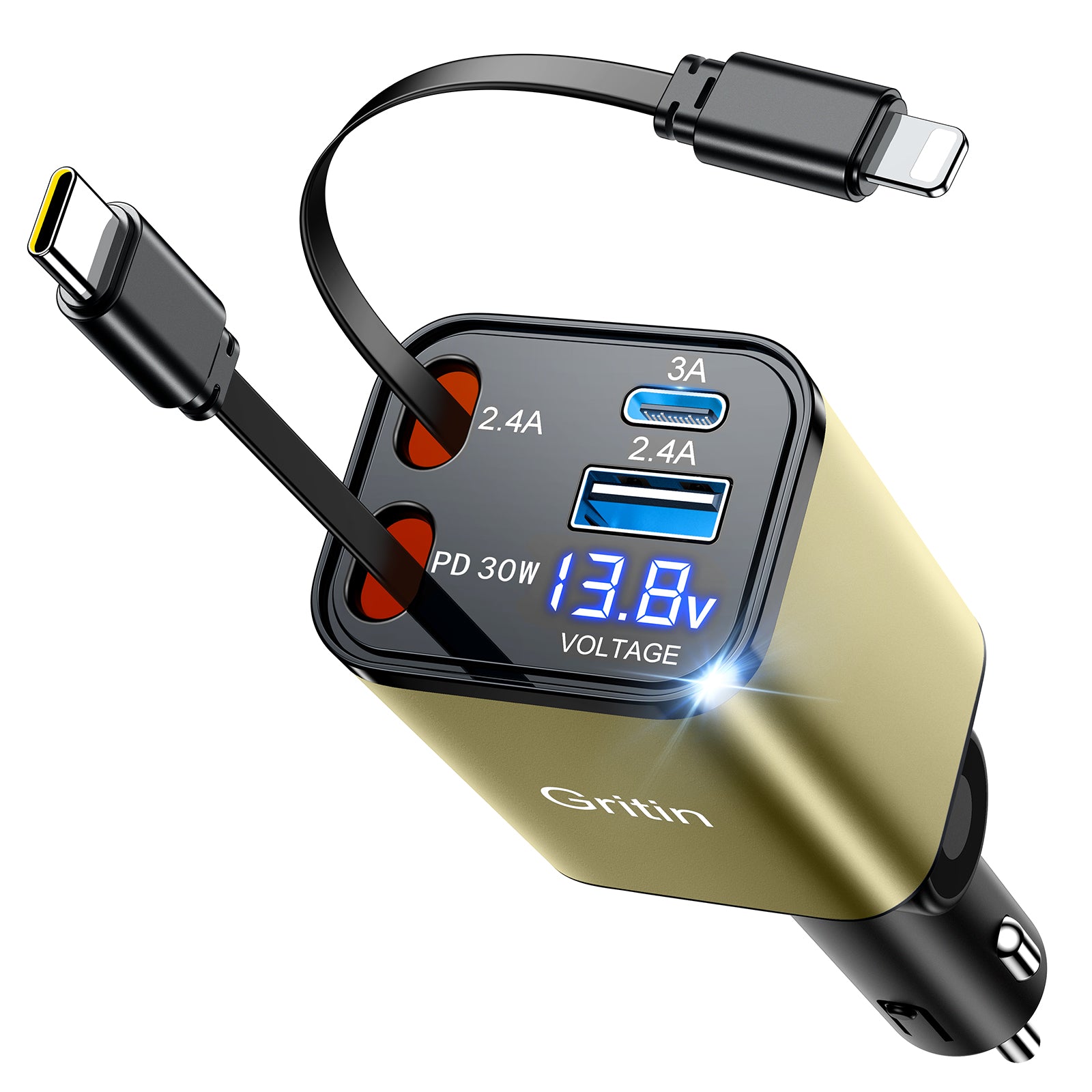 Gritin Retractable Car Charger, 69W Super Fast 4 in 1 USB C Car Charger Adapter with Smart Device-Adaptive Charging Technology&Instant Current Display,Accessories for Phone 16 15,iPad,Android etc