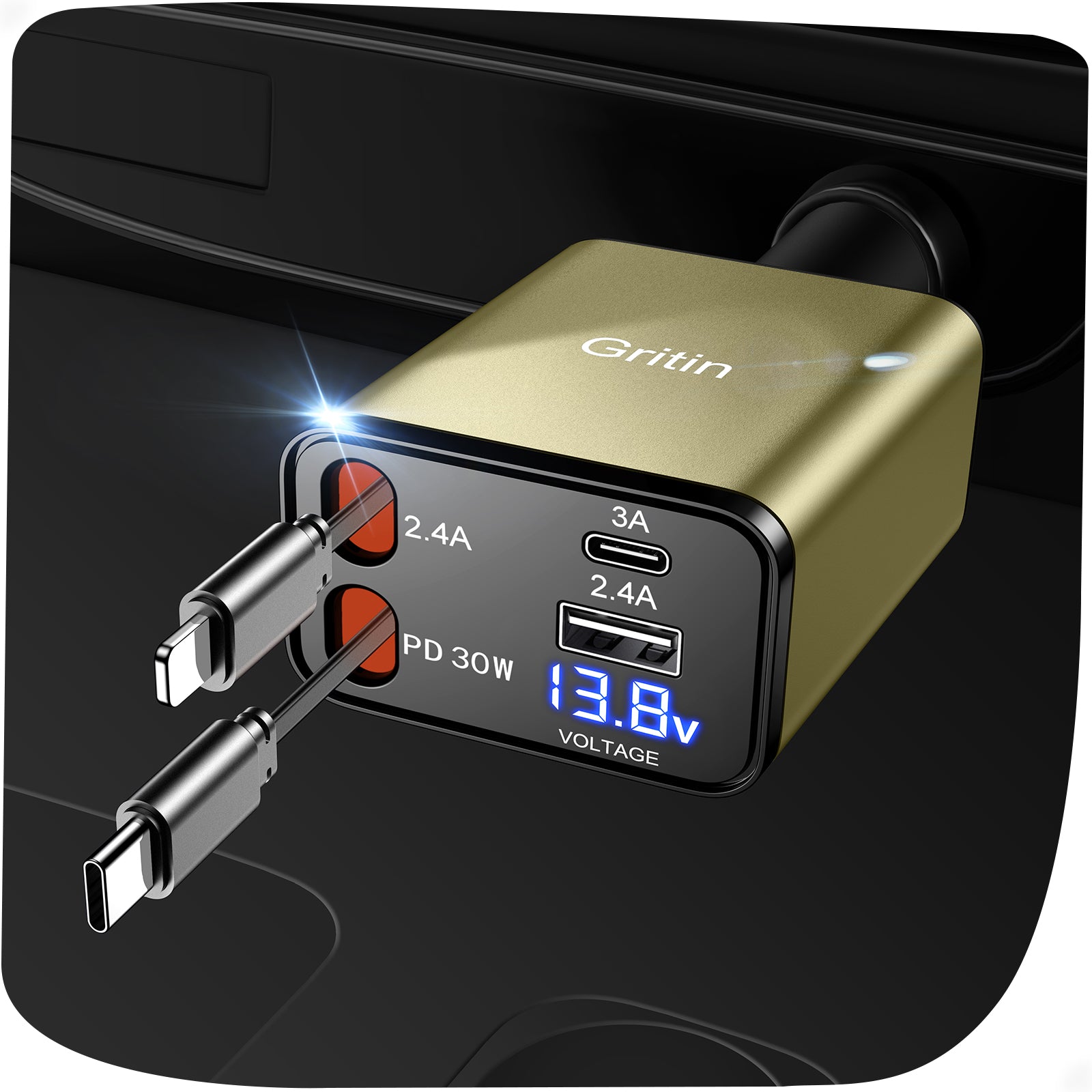 Gritin Retractable Car Charger, 69W Super Fast 4 in 1 USB C Car Charger Adapter with Smart Device-Adaptive Charging Technology&Instant Current Display,Accessories for Phone 16 15,iPad,Android etc
