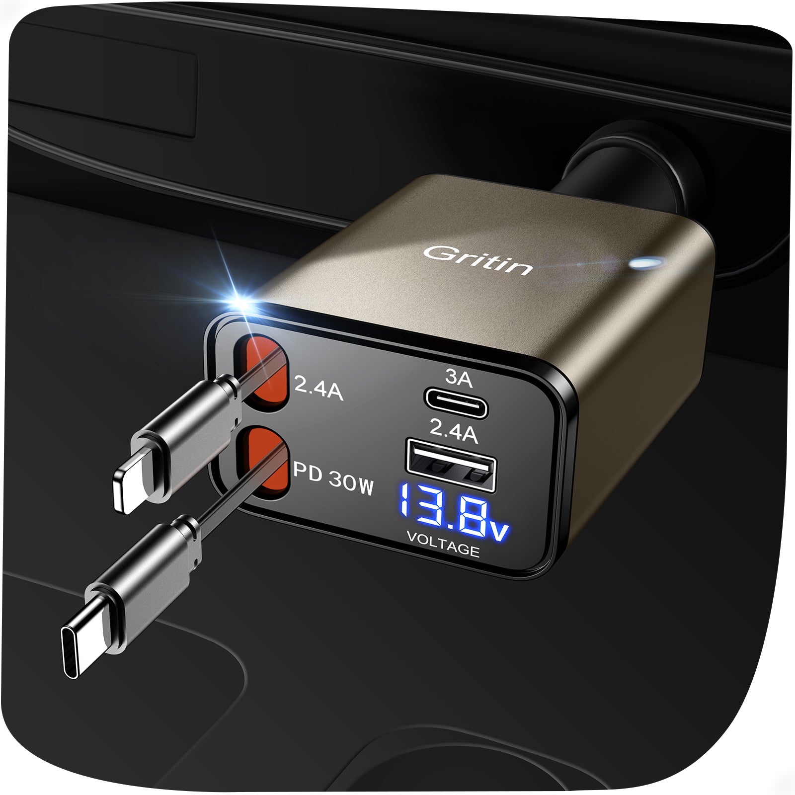 Gritin Retractable Car Charger, 69W Super Fast 4 in 1 USB C Car Charger Adapter with Smart Device-Adaptive Charging Technology&Instant Current Display,Accessories for Phone 16 15,iPad,Android etc