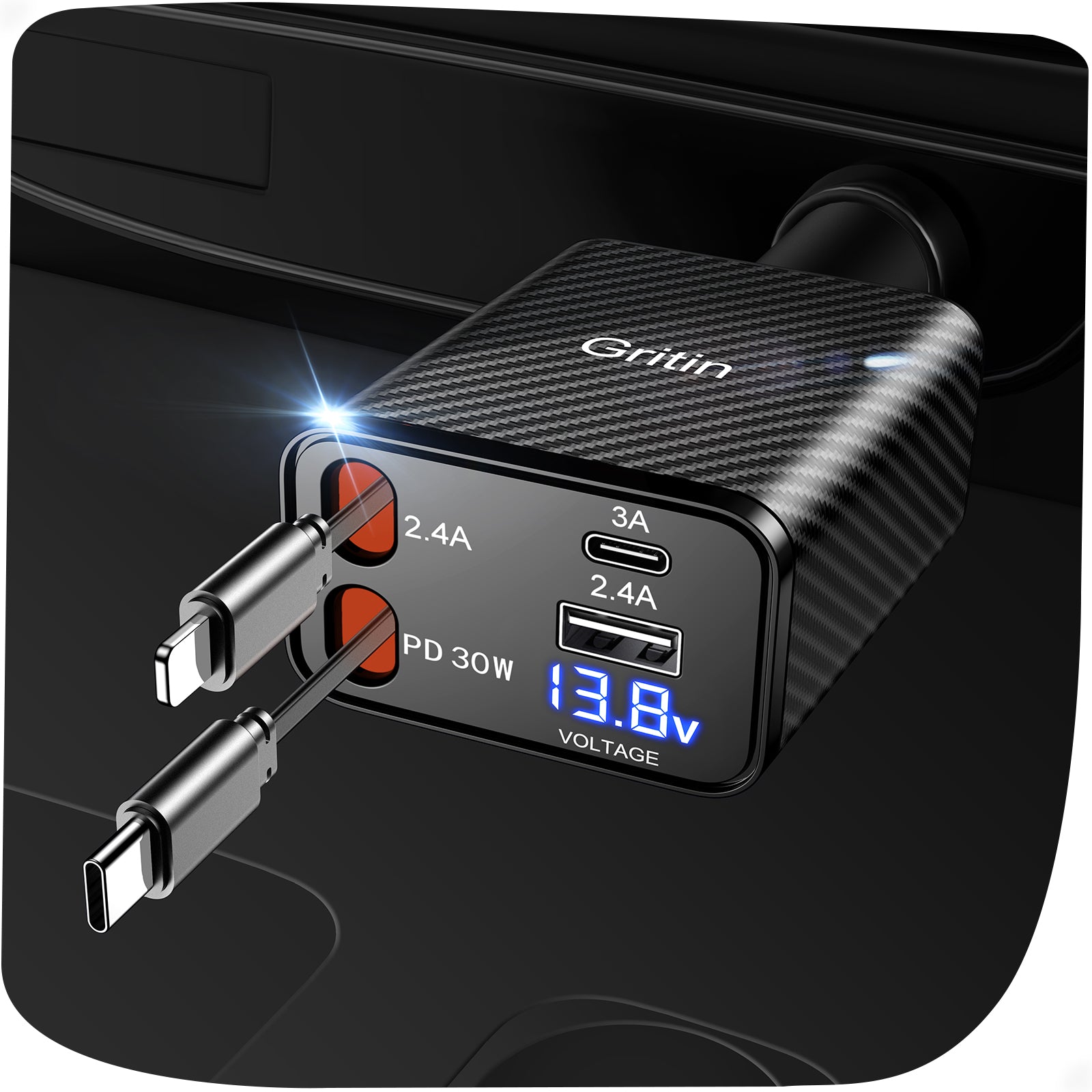 Gritin Retractable Car Charger, 69W Super Fast 4 in 1 USB C Car Charger Adapter with Smart Device-Adaptive Charging Technology&Instant Current Display,Accessories for Phone 16 15,iPad,Android etc