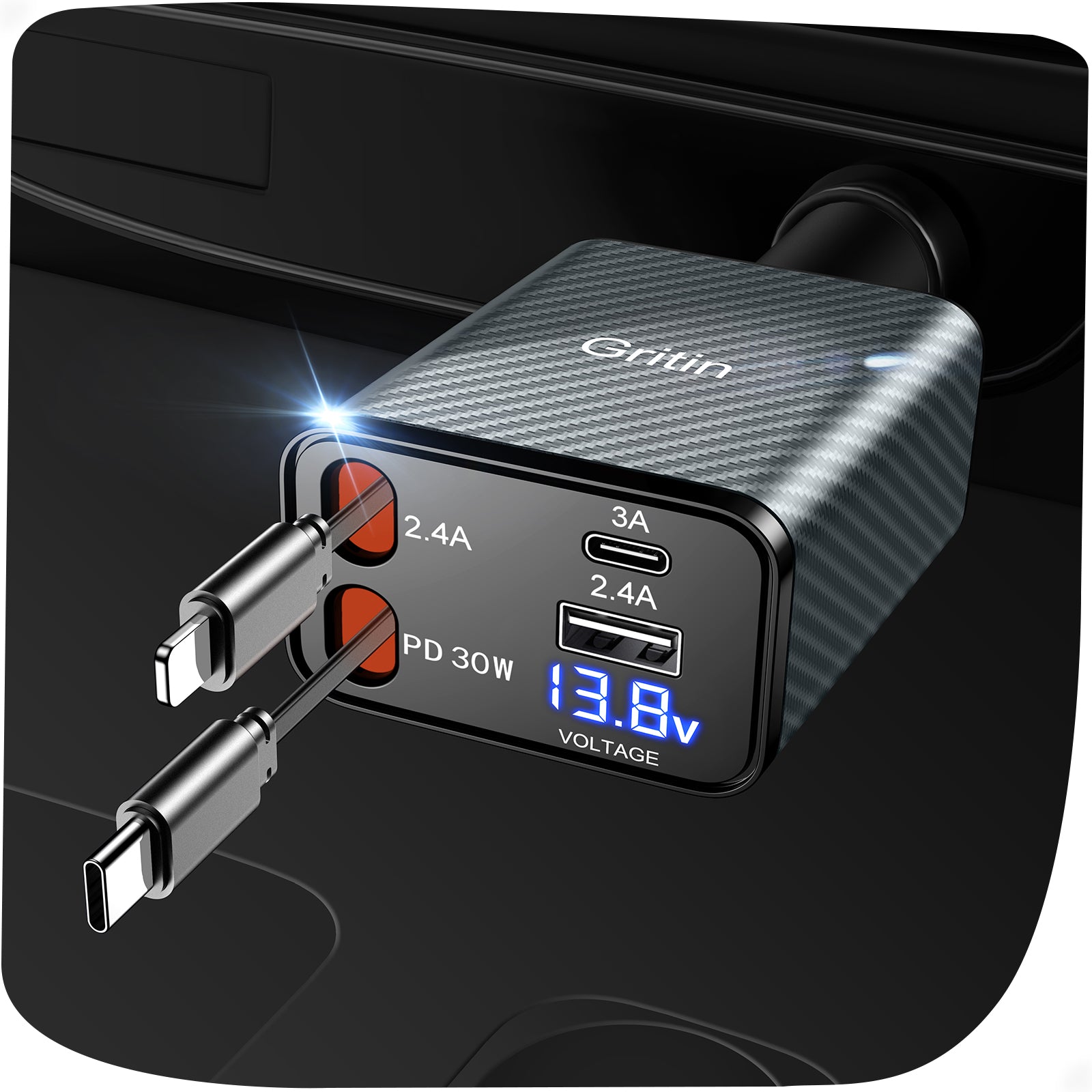 Gritin Retractable Car Charger, 69W Super Fast 4 in 1 USB C Car Charger Adapter with Smart Device-Adaptive Charging Technology&Instant Current Display,Accessories for Phone 16 15,iPad,Android etc