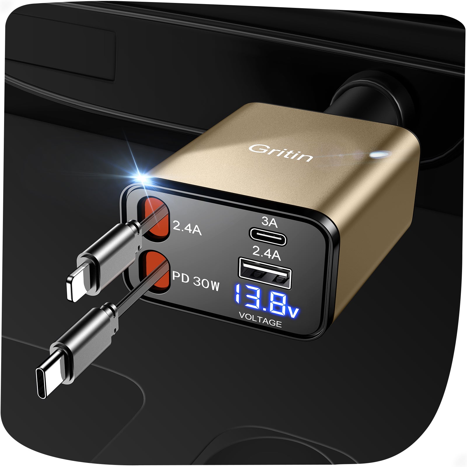 Gritin Retractable Car Charger, 69W Super Fast 4 in 1 USB C Car Charger Adapter with Smart Device-Adaptive Charging Technology&Instant Current Display,Accessories for Phone 16 15,iPad,Android etc