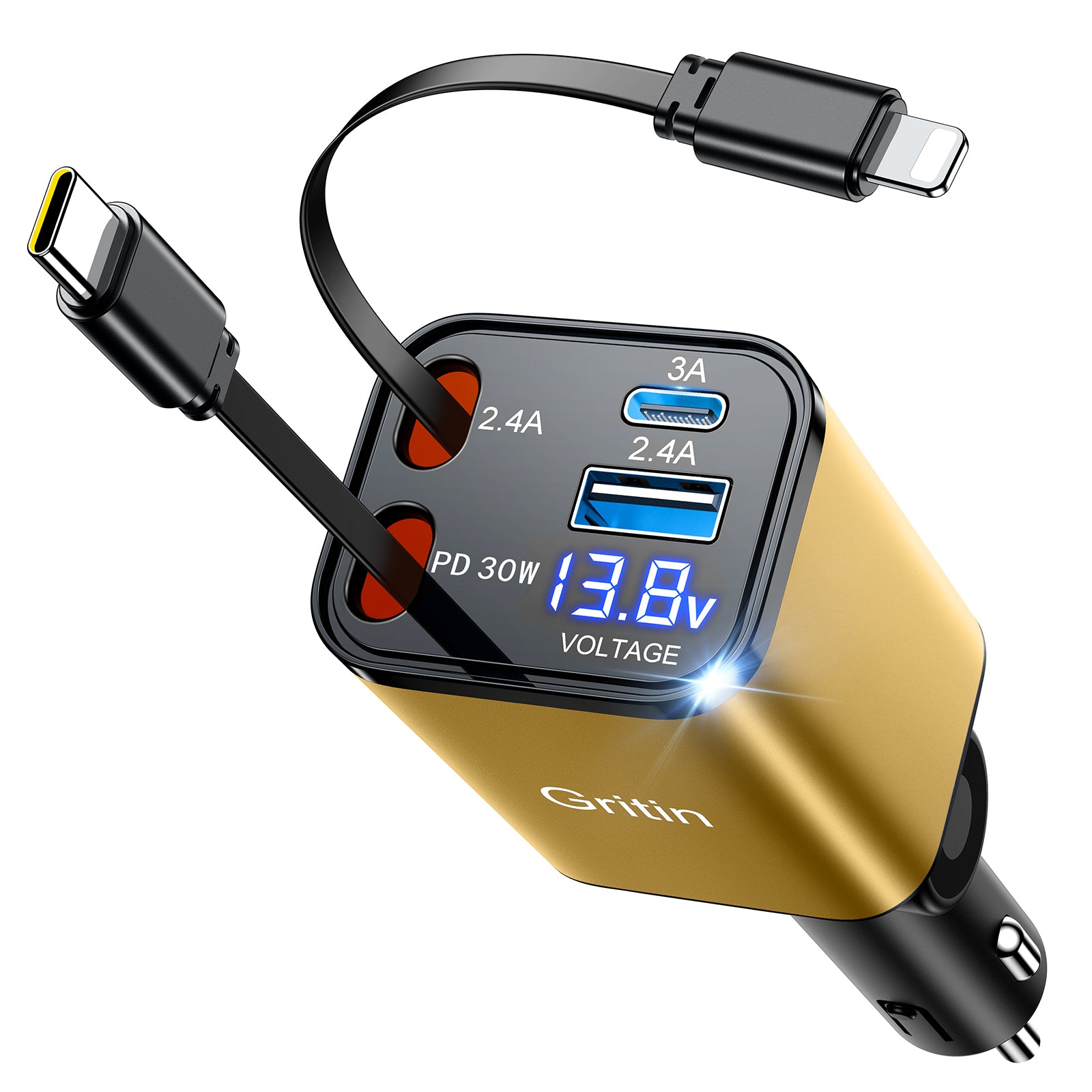 Gritin Retractable Car Charger, 69W Super Fast 4 in 1 USB C Car Charger Adapter with Smart Device-Adaptive Charging Technology&Instant Current Display,Accessories for Phone 16 15,iPad,Android etc