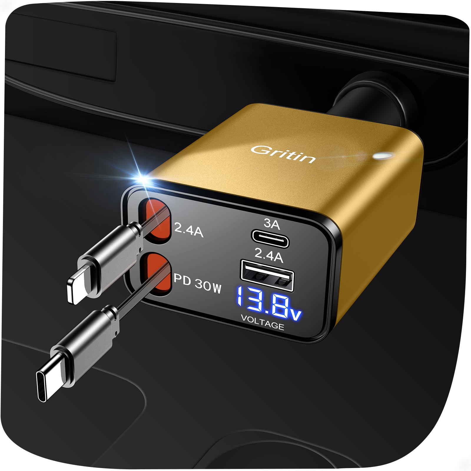 Gritin Retractable Car Charger, 69W Super Fast 4 in 1 USB C Car Charger Adapter with Smart Device-Adaptive Charging Technology&Instant Current Display,Accessories for Phone 16 15,iPad,Android etc