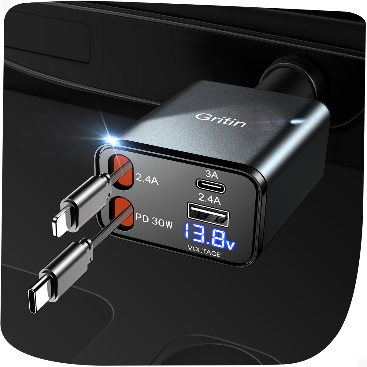 Gritin Retractable Car Charger, 69W Super Fast 4 in 1 USB C Car Charger Adapter with Smart Device-Adaptive Charging Technology&Instant Current Display,Accessories for Phone 16 15,iPad,Android etc