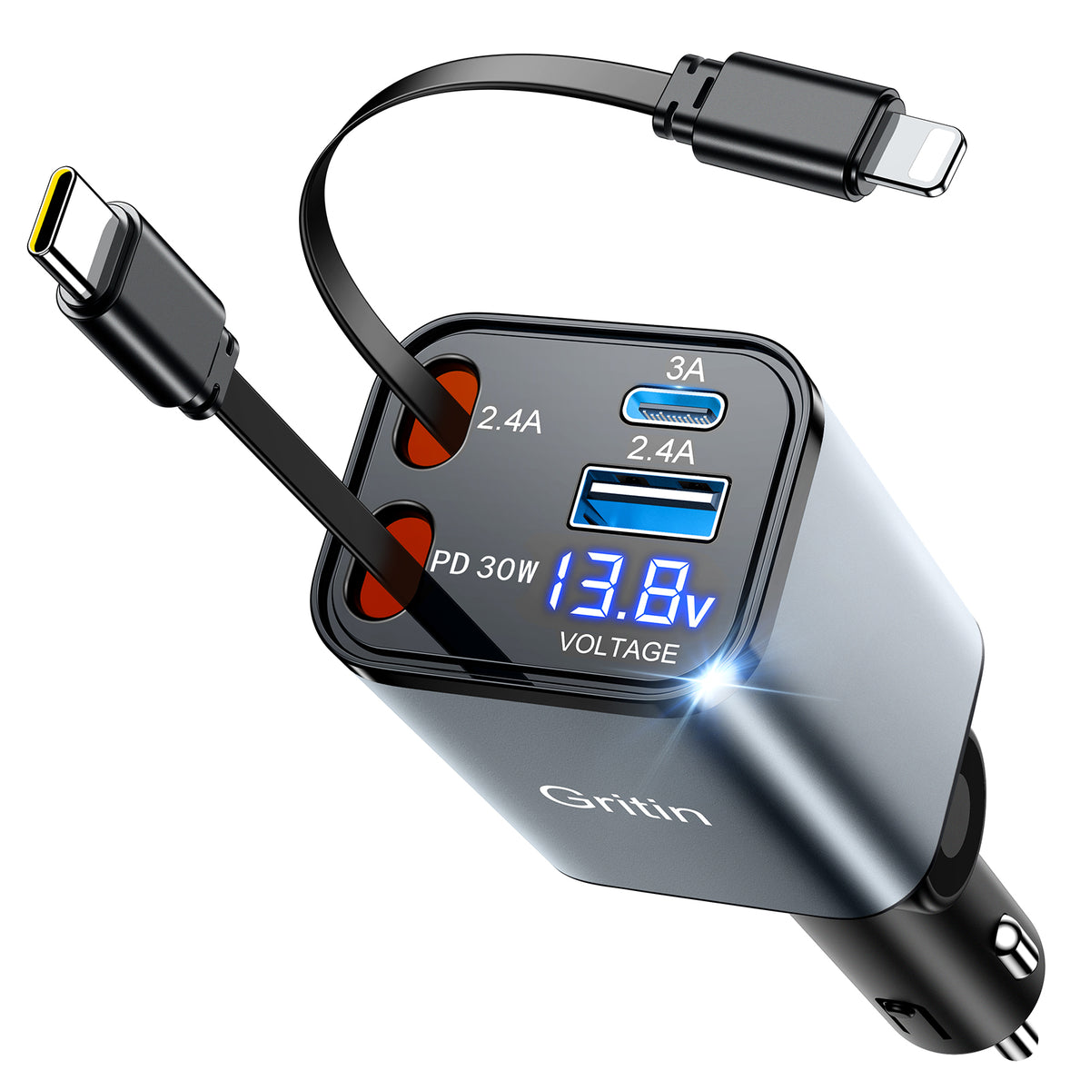 Gritin Retractable Car Charger, 69W Super Fast 4 in 1 USB C Car Charger Adapter with Smart Device-Adaptive Charging Technology&Instant Current Display,Accessories for Phone 16 15,iPad,Android etc