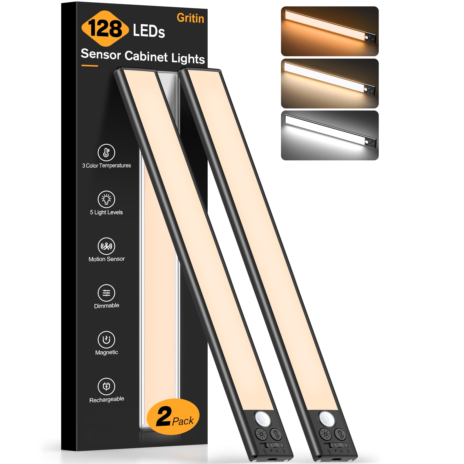 Gritin Under Cabinet Kitchen Lights 2 Pack-128 LED Super Bright,3-Color&5-Brightness,4 Modes,Motion Sensor, Rechargeable Long Lasting-Easy Installation Magnetic Under Closet Light 14.7 Inch