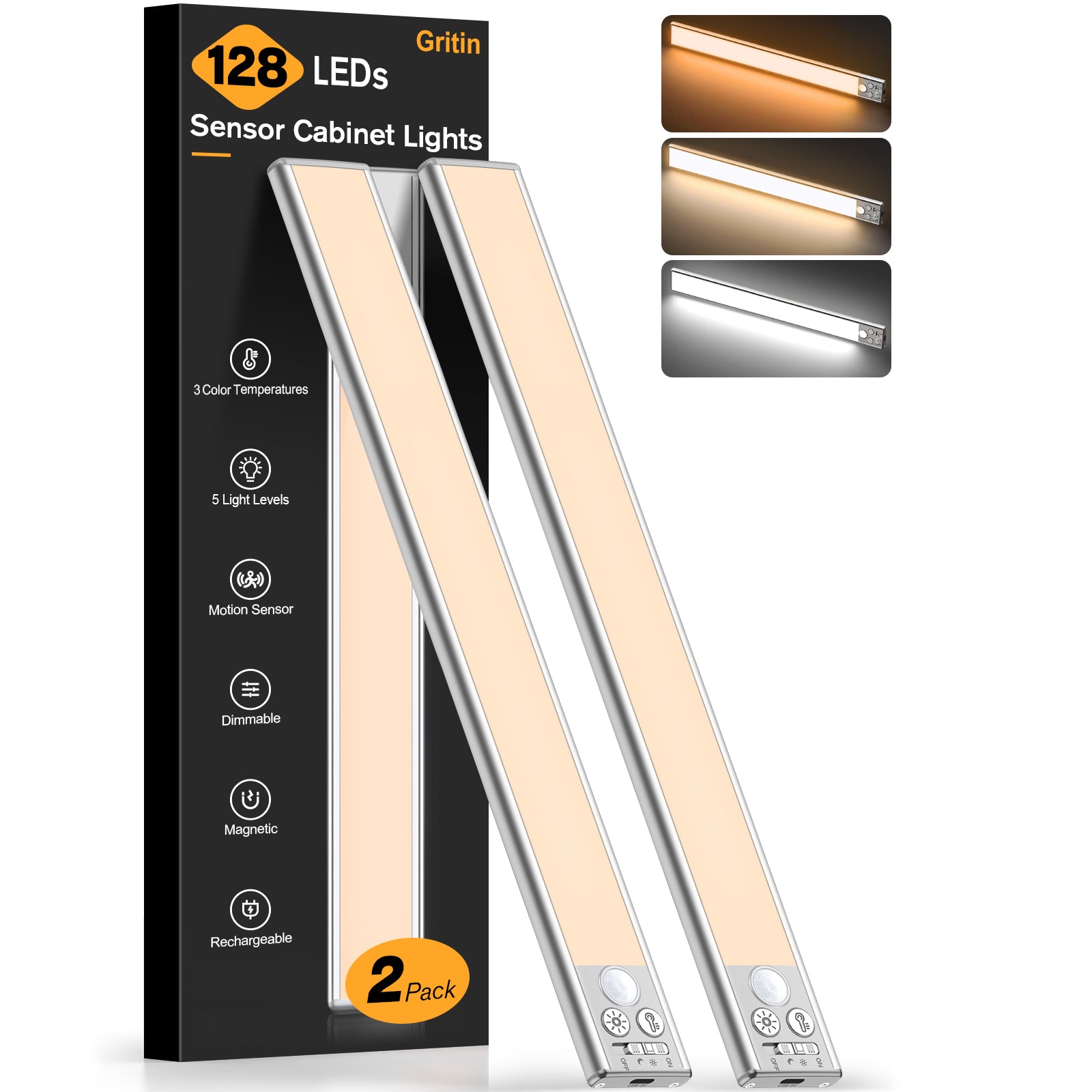 Gritin Under Cabinet Kitchen Lights 2 Pack-128 LED Super Bright,3-Color&5-Brightness,4 Modes,Motion Sensor, Rechargeable Long Lasting-Easy Installation Magnetic Under Closet Light 14.7 Inch