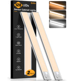 Gritin Under Cabinet Kitchen Lights 2 Pack-128 LED Super Bright,3-Color&5-Brightness,4 Modes,Motion Sensor, Rechargeable Long Lasting-Easy Installation Magnetic Under Closet Light 14.7 Inch
