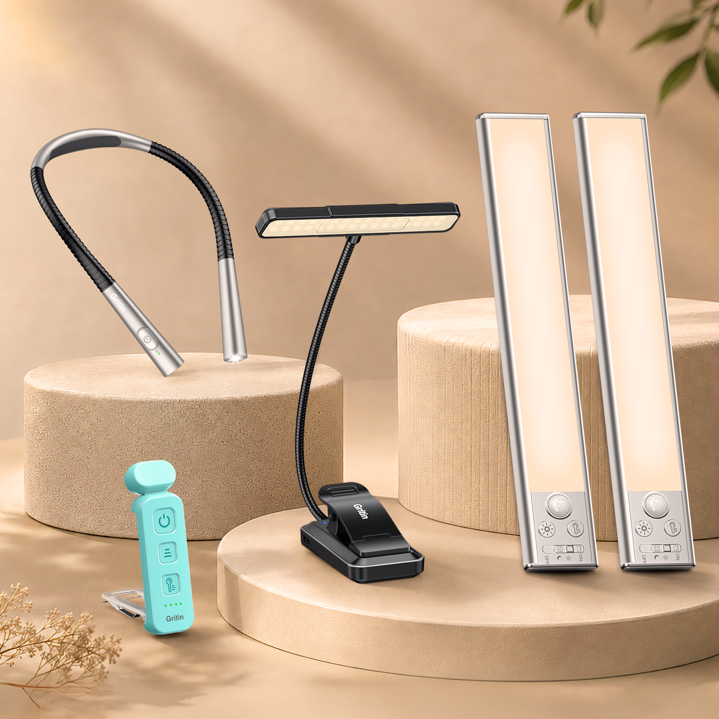 Selection of Gritin reading lights and motion sensor cabinet lights on a warm display