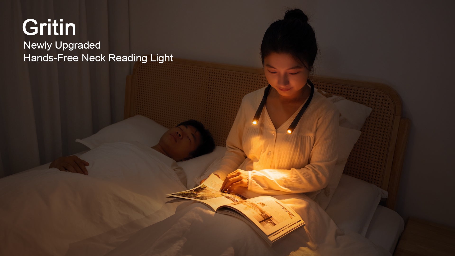 Gritin Book Light, Rechargeable Neck Light for Reading - 4-Color&5-Brightness,Bendable Arms,30-min Timer,80+ Hrs Runtime,Neck Curve Fit Ergonomic Design, Comfortable for Reading,Camping,Repairing etc.