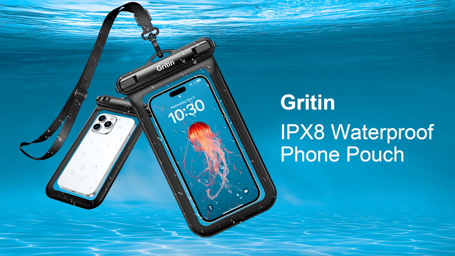Pochette étanche pour téléphone Gritin, lot de 2 étuis étanches IPX8 pour la natation, cordon réglable, sac étanche pour téléphone sous-marin pour iPhone 15 14 13 12, Galaxy S24 S23 S22 et autres téléphones jusqu'à 7" 