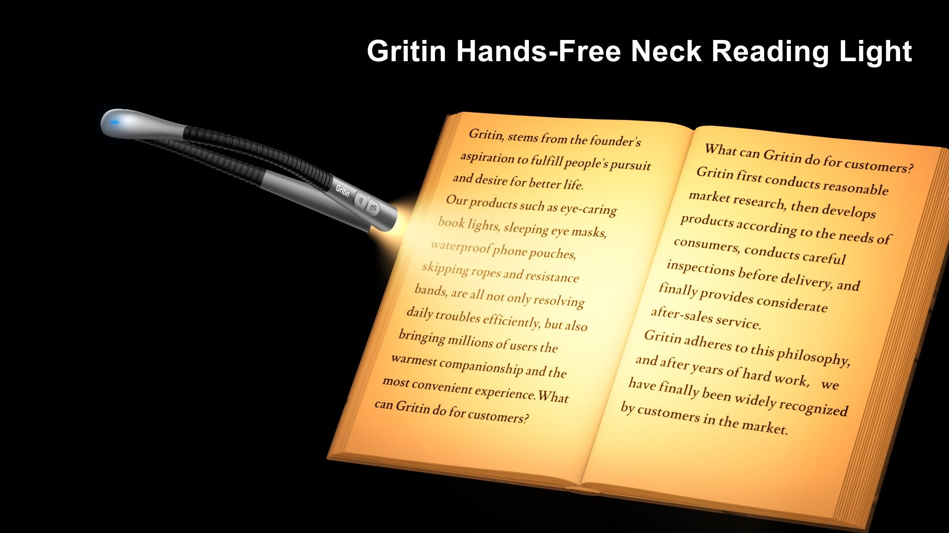 Gritin Book Light, Rechargeable Neck Light for Reading - 4-Color&5-Brightness,Bendable Arms,30-min Timer,80+ Hrs Runtime,Neck Curve Fit Ergonomic Design, Comfortable for Reading,Camping,Repairing etc.