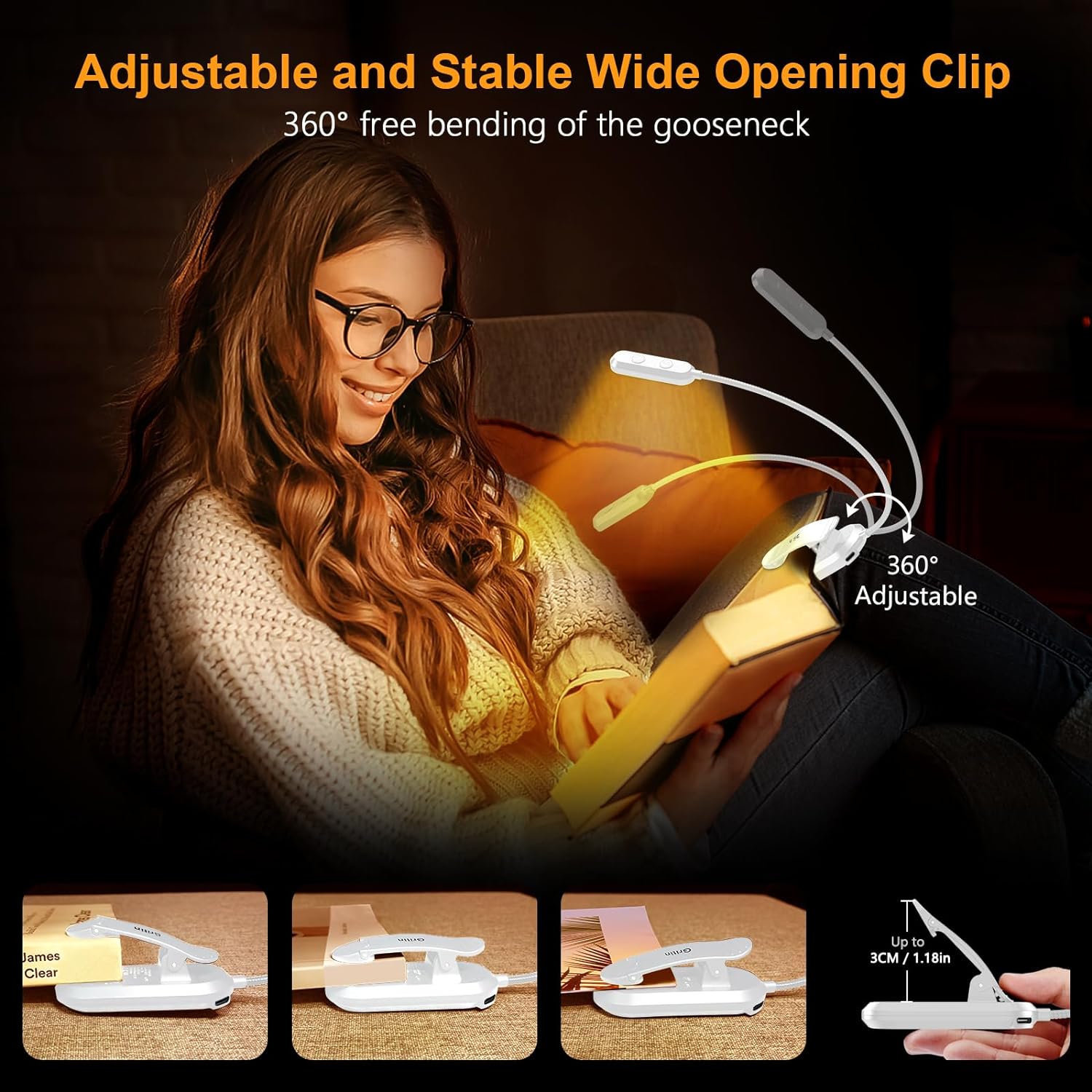 Gritin 11 LED Rechargeable Reading Light Clip on Book