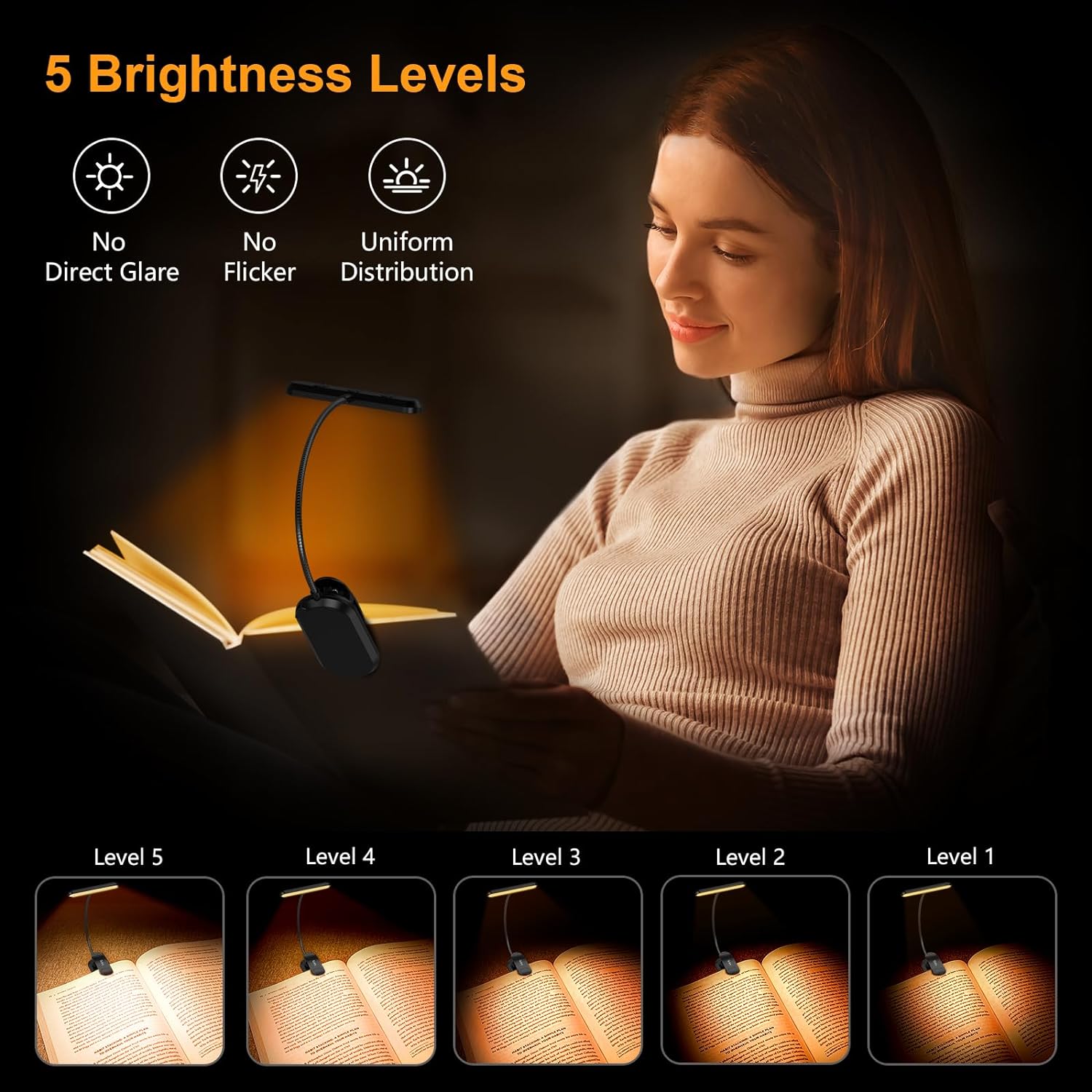 Gritin 19 LED Rechargeable Goose Neck Clip on Book Light for Reading in Bed with Memory Function